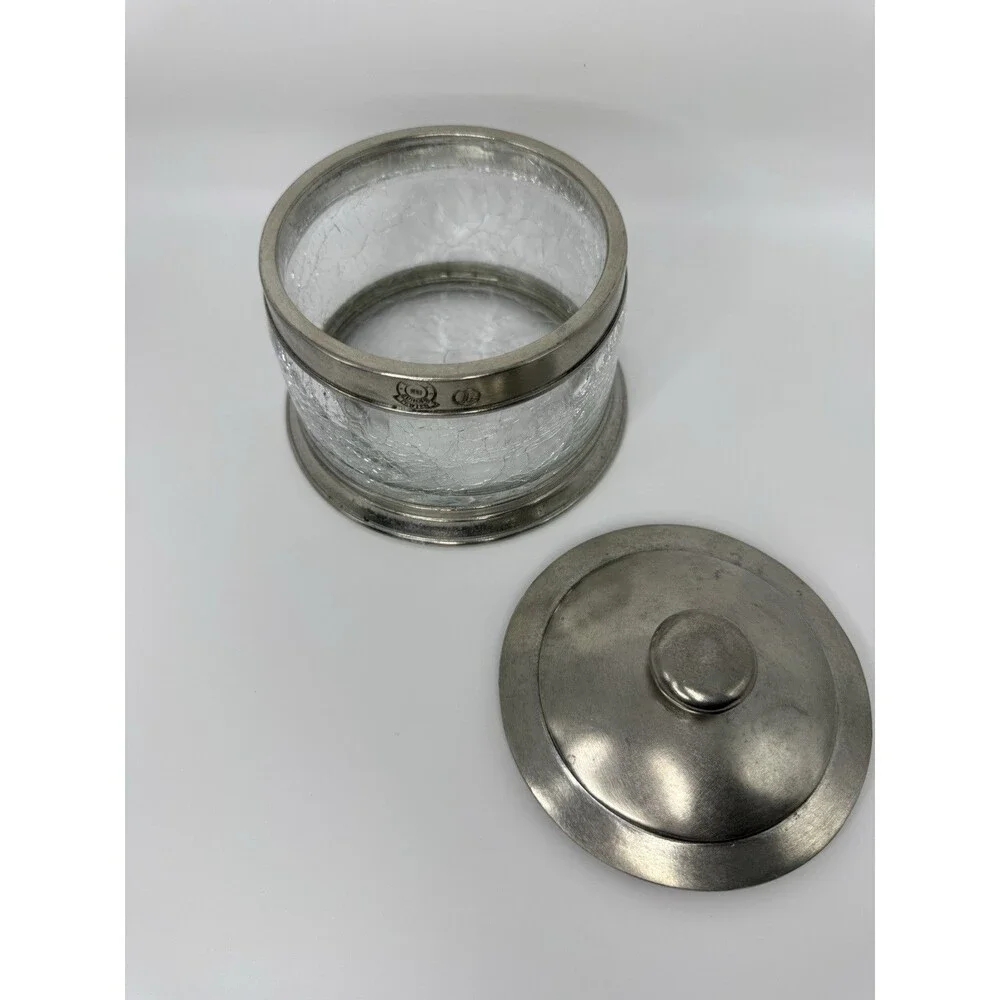 Vintage Labrazel Italian Pewter Crackle Glass Vanity Canister Crystina Jar 90s